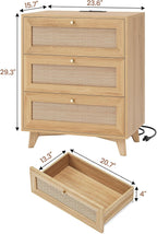 VIAGDO Rattan Nightstand Set of 2 with Charging Station, Natural Rattan Night Stand with 3 Large Wicker Decorated Drawers, Boho Bedside Table, End Side Table, 3 Drawer Dresser for Bedroom