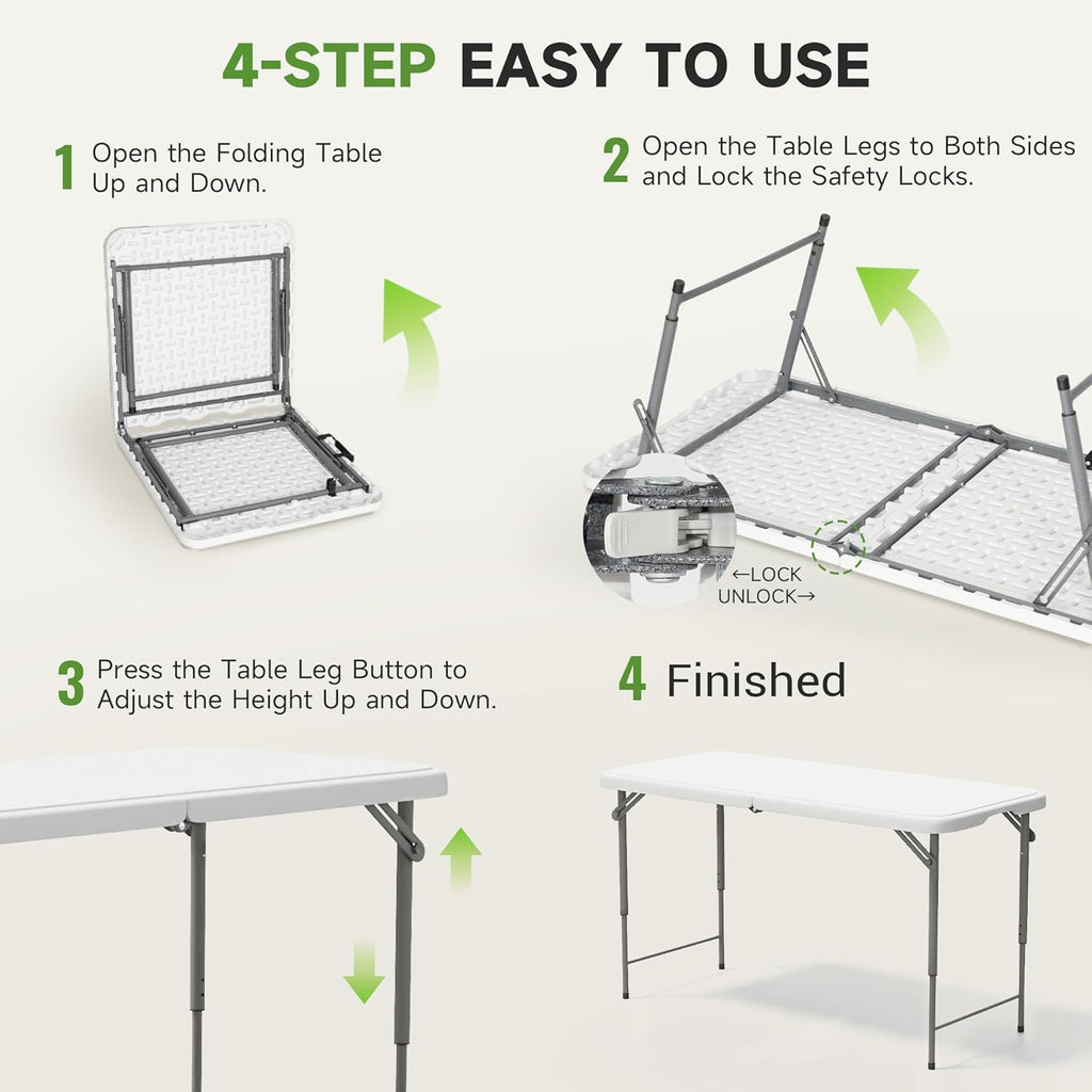 Folding Table 4 Foot - 3-Position Adjustable Height, Heavy Duty 400 lbs Capacity - Portable Tables Folding for Camping, Party, Indoor & Outdoor Use, 1 Pack