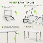 Folding Table 4 Foot - 3-Position Adjustable Height, Heavy Duty 400 lbs Capacity - Portable Tables Folding for Camping, Party, Indoor & Outdoor Use, 1 Pack