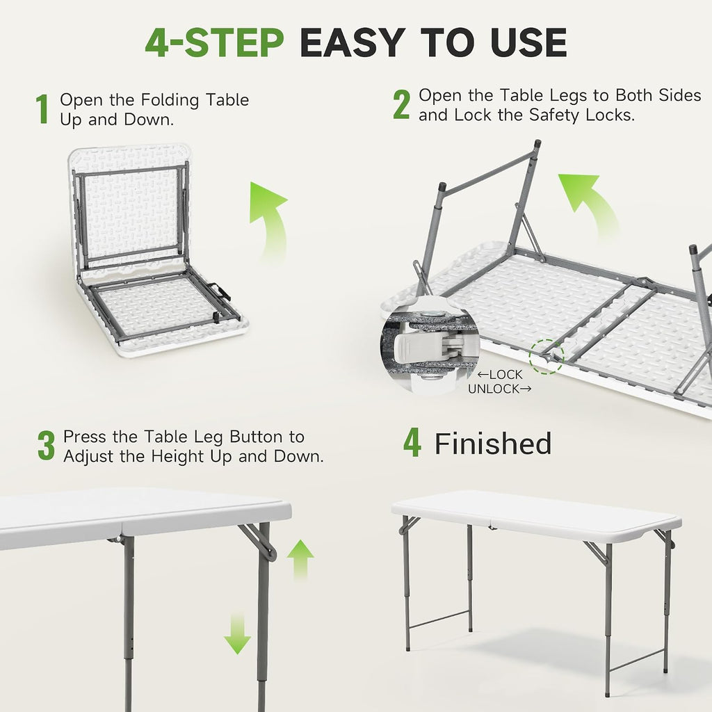 Folding Table 4 Foot - 3-Position Adjustable Height, Heavy Duty 400 lbs Capacity - Portable Tables Folding for Camping, Party, Indoor & Outdoor Use, 1 Pack
