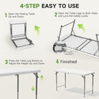 Folding Table 4 Foot - 3-Position Adjustable Height, Heavy Duty 400 lbs Capacity - Portable Tables Folding for Camping, Party, Indoor & Outdoor Use, 1 Pack