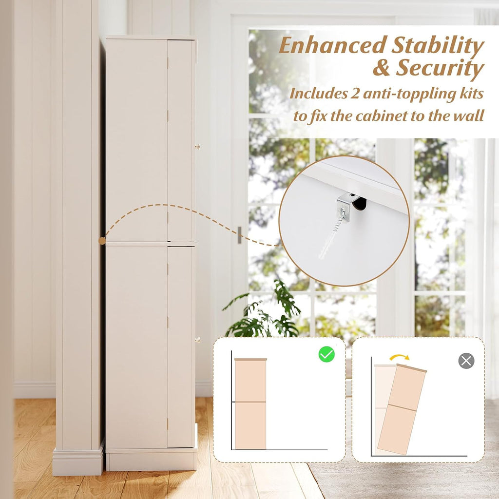 65.5" Kitchen Pantry Cabinet, Freestanding Storage Cabinet with Doors and Adjustable Shelves, 16-Tier Door Shelves with Baffle, Wooden Buffet Cupboard for Dining Room Living Room (White)