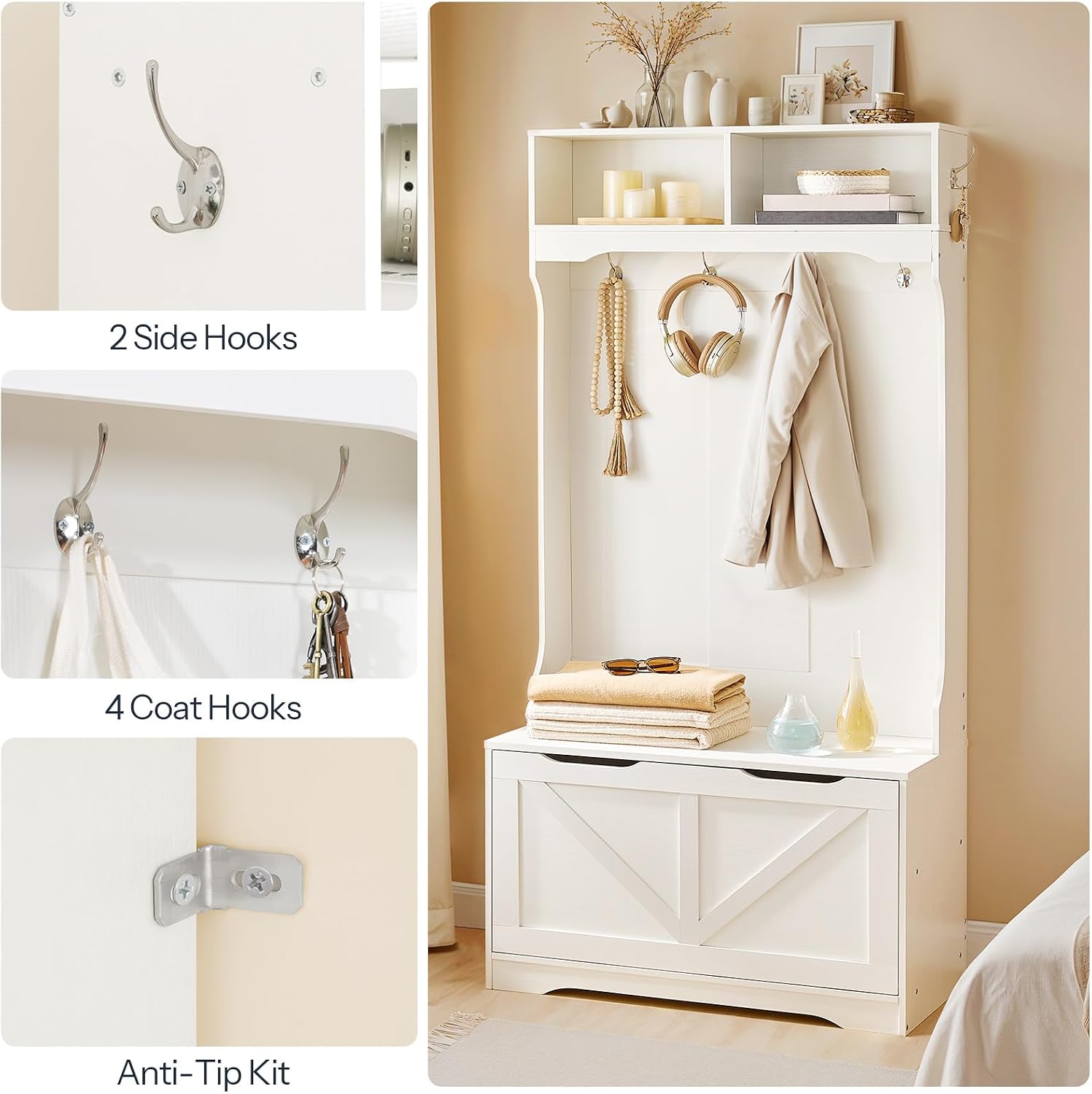 HOOBRO Hall Tree with Bench and Shoe Storage, Entryway Bench with Coat Rack and Shoe Cabinet, Flip-Down Cabinet Door, Coat Rack with Shoe Rack, for Mud Room, White WT84MT01