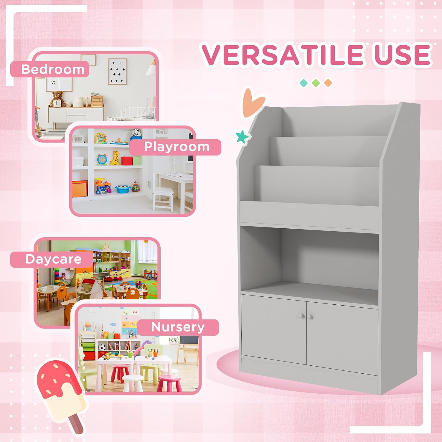 Toy Storage Cabinet, Bookcase Bookshelf for Room, Bedroom, Playroom, Nursery, Gray