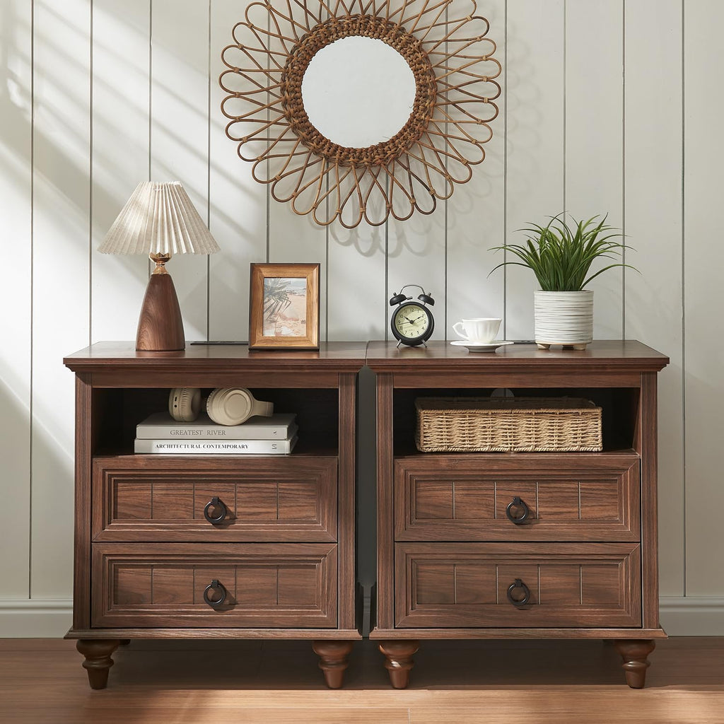 Farmhouse Nightstand with Charging Station, 22" Large End Table with 2 Drawers & Open Shelf, Rustic Wood Square Sofa Side Bedside Table w/4 Solid Wood Feet for Living Room, Bedroom,2 Pack,Walnut