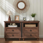 Farmhouse Nightstand with Charging Station, 22" Large End Table with 2 Drawers & Open Shelf, Rustic Wood Square Sofa Side Bedside Table w/4 Solid Wood Feet for Living Room, Bedroom,2 Pack,Walnut