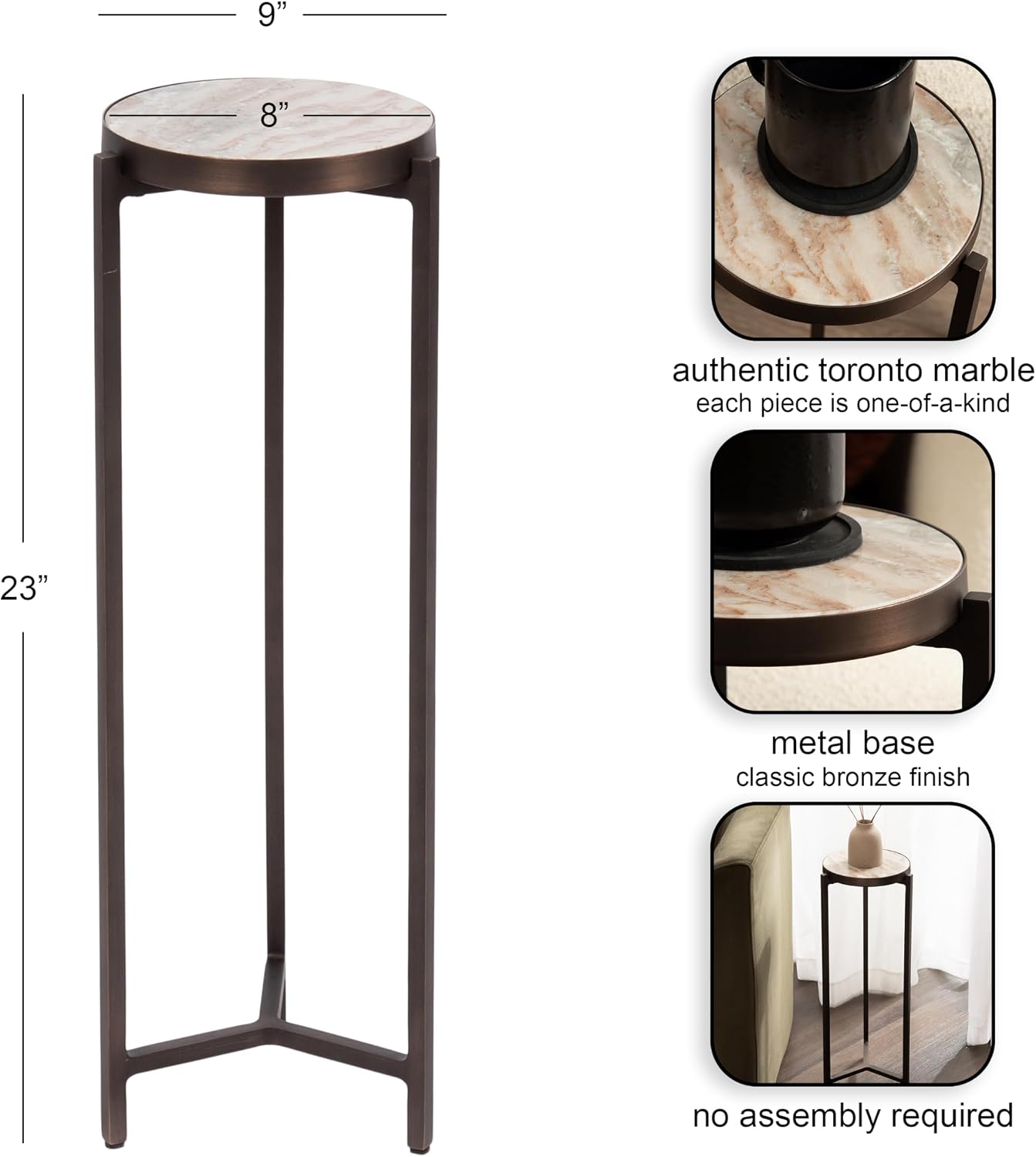 Kate and Laurel Aguilar Modern Round Drink Table, 9 x 9 x 23, Brown Marble and Bronze, Genuine Toronto Marble Accent Table for Use as Indoor Plant Stand or Pedestal Martini Table