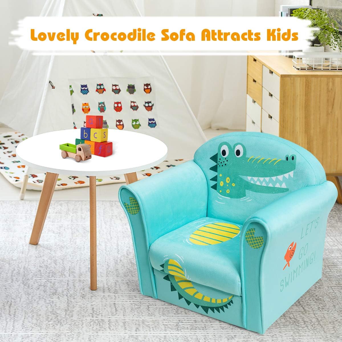 Costzon Kids Couch, Children's Sofa Armrest Chair with Pattern, Toddler Furniture w/Sturdy Wood Construction, Preschool, Lightweight Kids Couch Sofa Chair for Boys & Girls Gifts, Crocodile