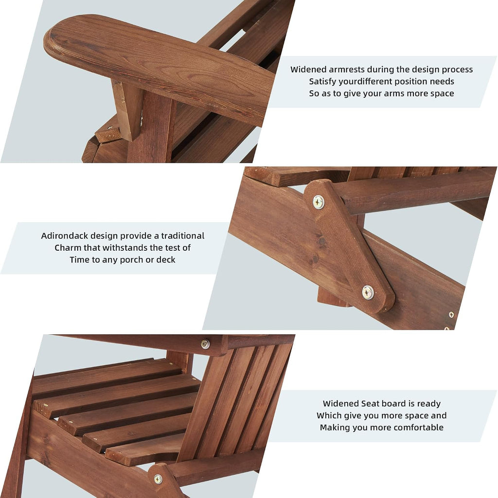 Folding Adirondack Chairs Set of 2 with Pre-Assembled BackRest, Solid Wood Outdoor Lawn Chair Lounge Patio Chair for Garden Backyard Porch Fire Pit, Dark Brown