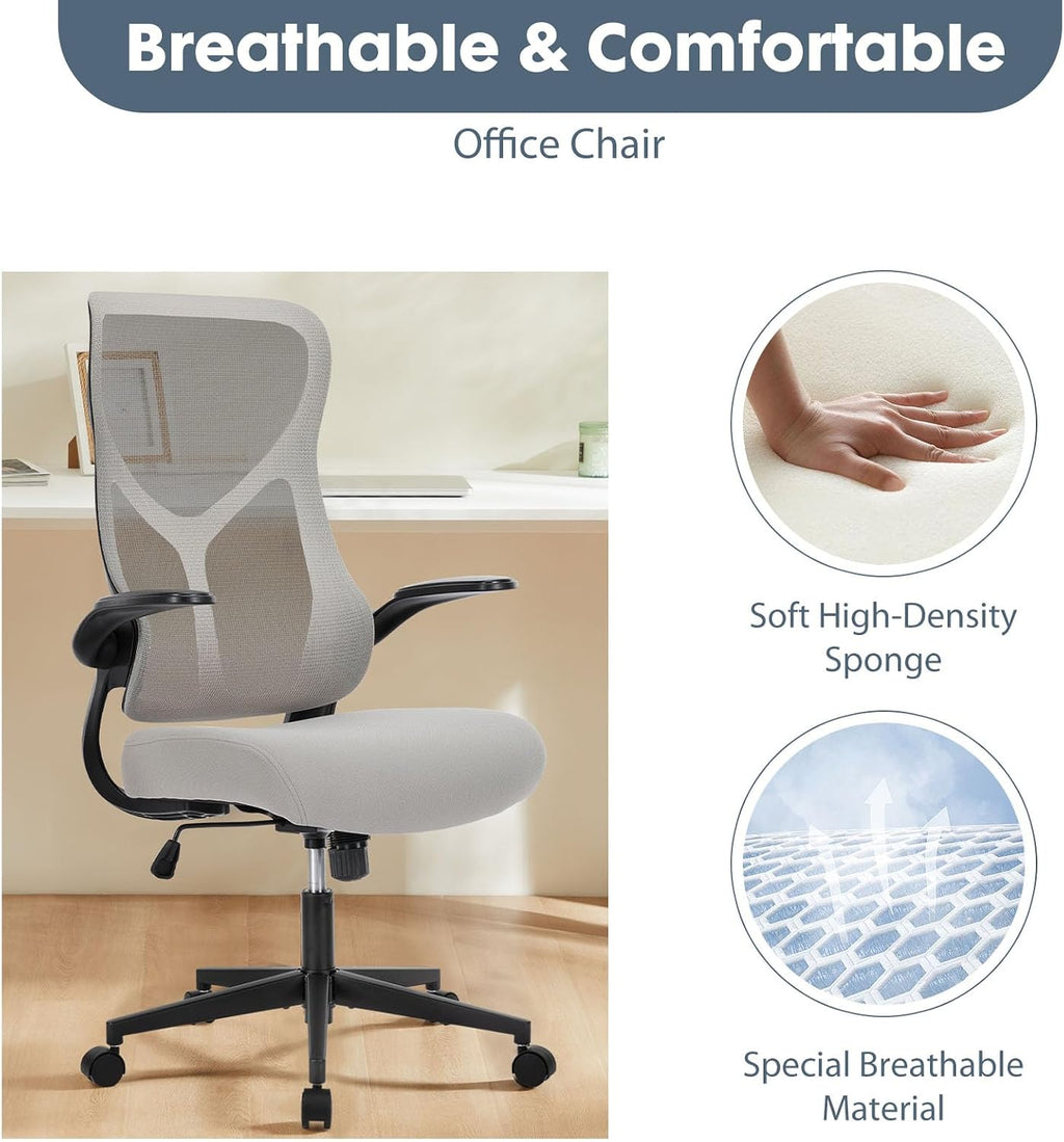 DUMOS Home Office Desk Chair - Ergonomic High Back Mesh Computer Task Chair with Comfy Flip-up Armrests, Swivel Adjustable Height with Wheels, Comfortable Lumbar Support, for Adults, Gery