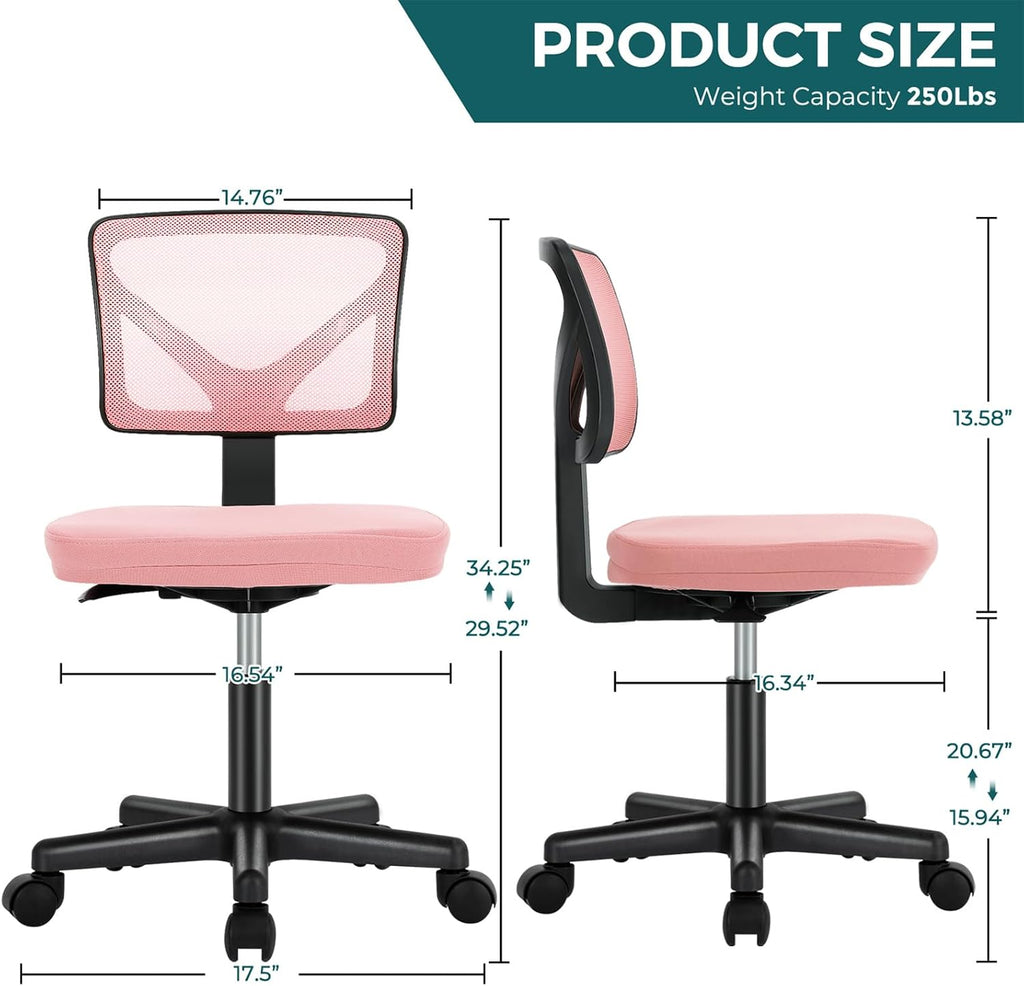 DUMOS Small Office Chair Armless, Ergonomic Adjustable Home Office Swivel Rolling Task Chair No Arms, Comfy Mesh Mid Back Computer Work Vanity Desk Chiars with Wheels for Small Spaces, Hot Pink