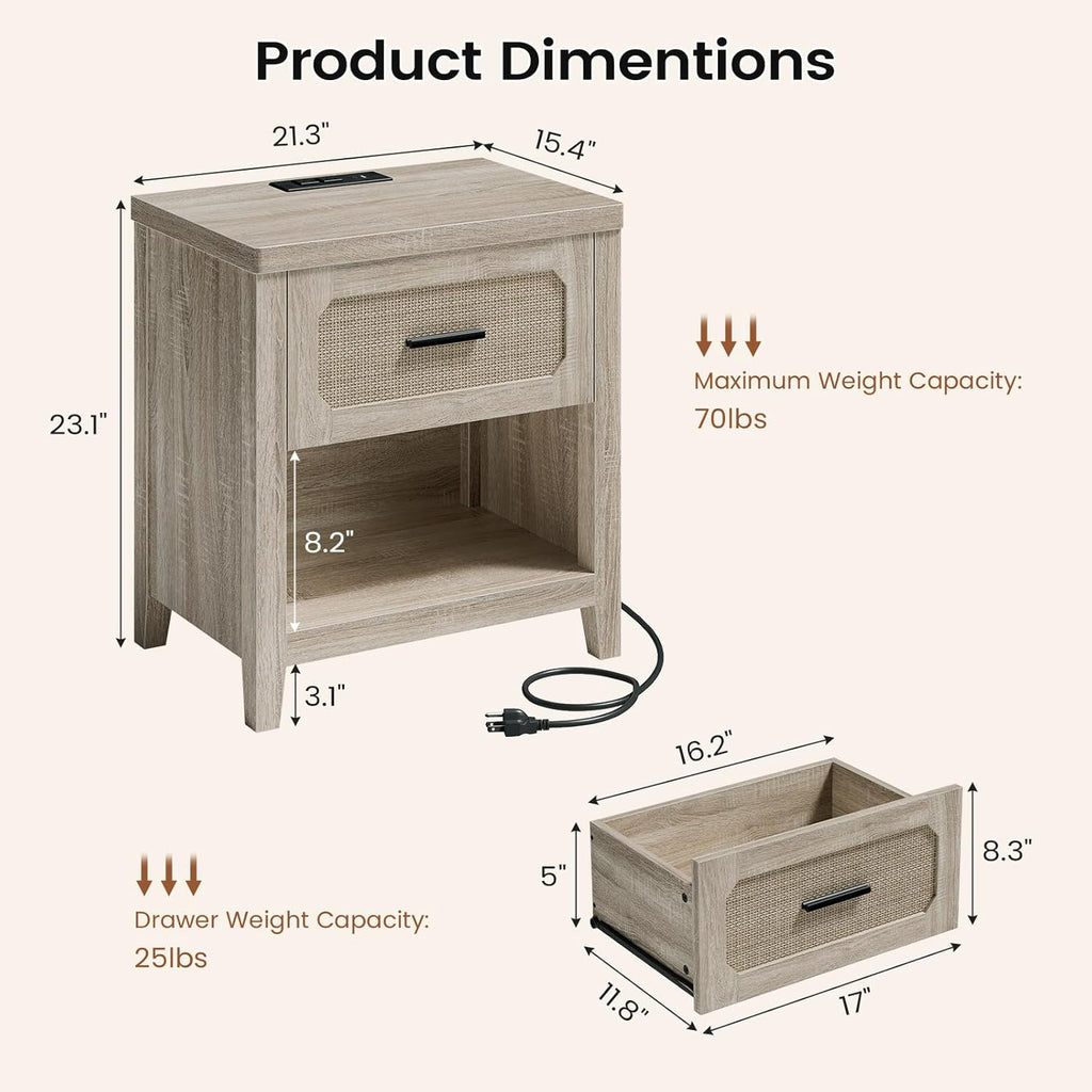 Rattan Nightstand Set of 2 with Charging Station, 22'' Wide Bedside Table with Drawer & Open Shelf, Wood Night Stand End Side Table with Storage for Bedroom, Grey Oak