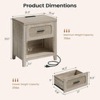 Rattan Nightstand Set of 2 with Charging Station, 22'' Wide Bedside Table with Drawer & Open Shelf, Wood Night Stand End Side Table with Storage for Bedroom, Grey Oak