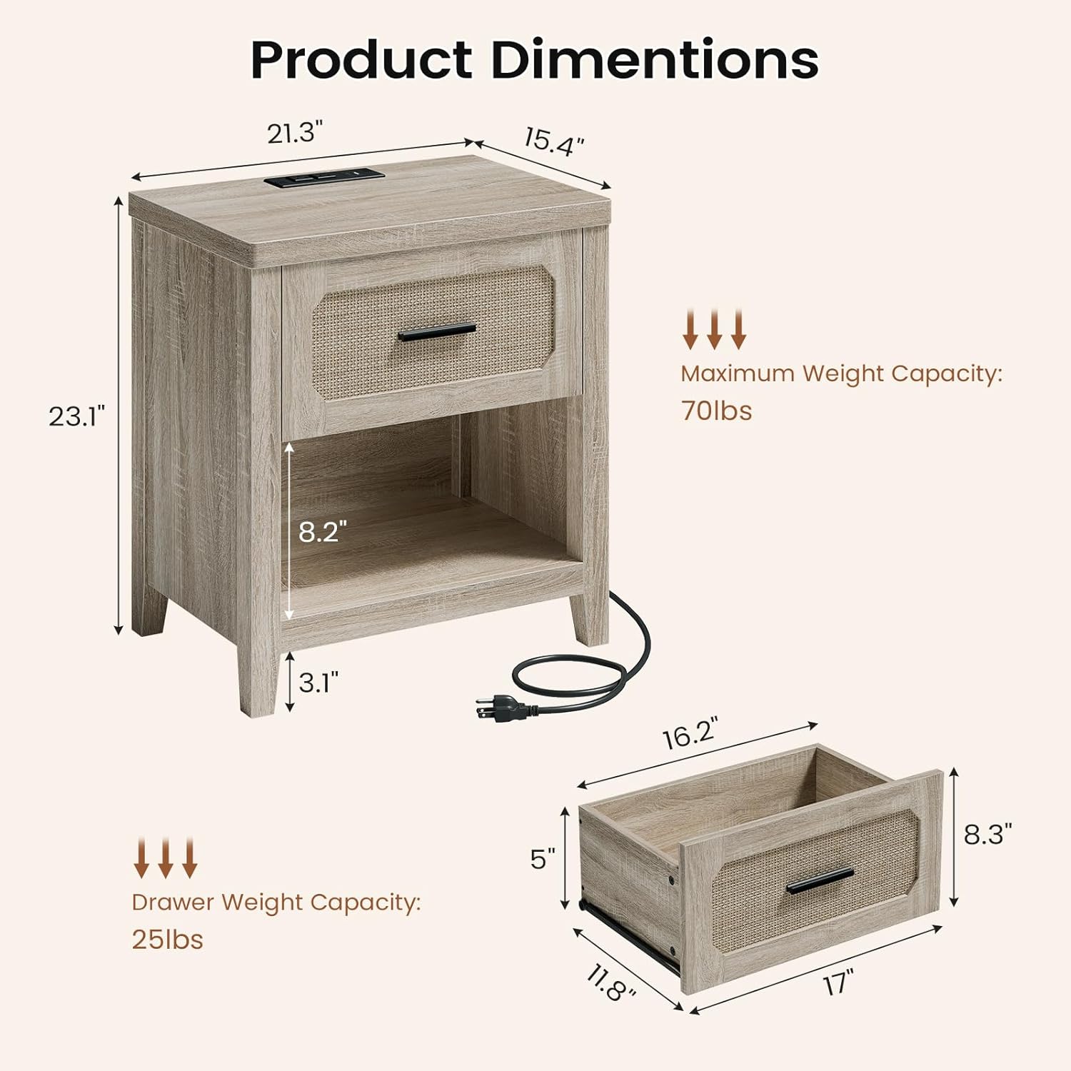 Rattan Nightstand Set of 2 with Charging Station, 22'' Wide Bedside Table with Drawer & Open Shelf, Wood Night Stand End Side Table with Storage for Bedroom, Grey Oak