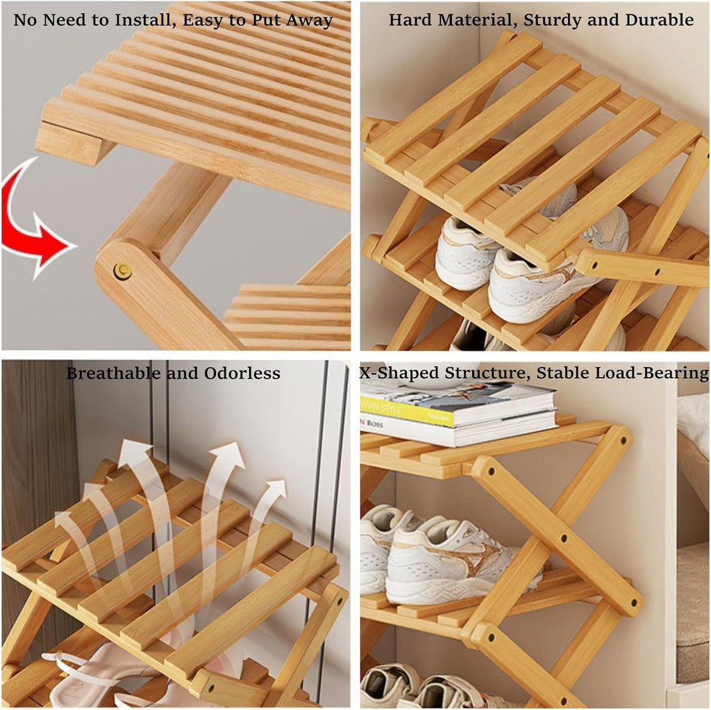 7 Tier Foldable Shoe Rack, Bamboo Vertical Shoe Organizer Tall for Multifunctional Narrow Shoe Shelf for Entryway, Closet, Corner, Bedroom, Hallway(Natural)