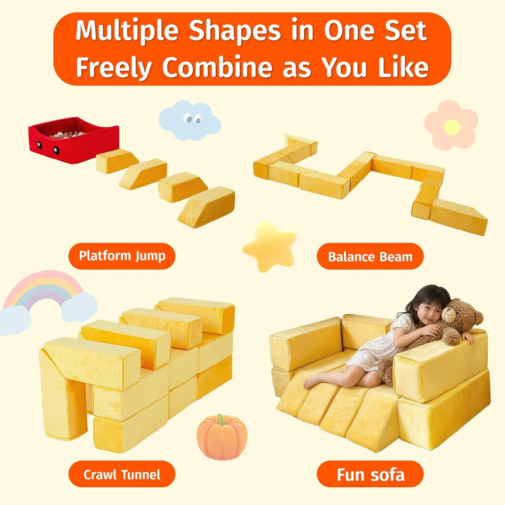 BABAMU Modular Kids Play Couch, Fries Box Design Child Sectional Sofa, Fort-Play Bedroom & Playroom Furniture for Toddlers, Convertible Foam, Washable Covers