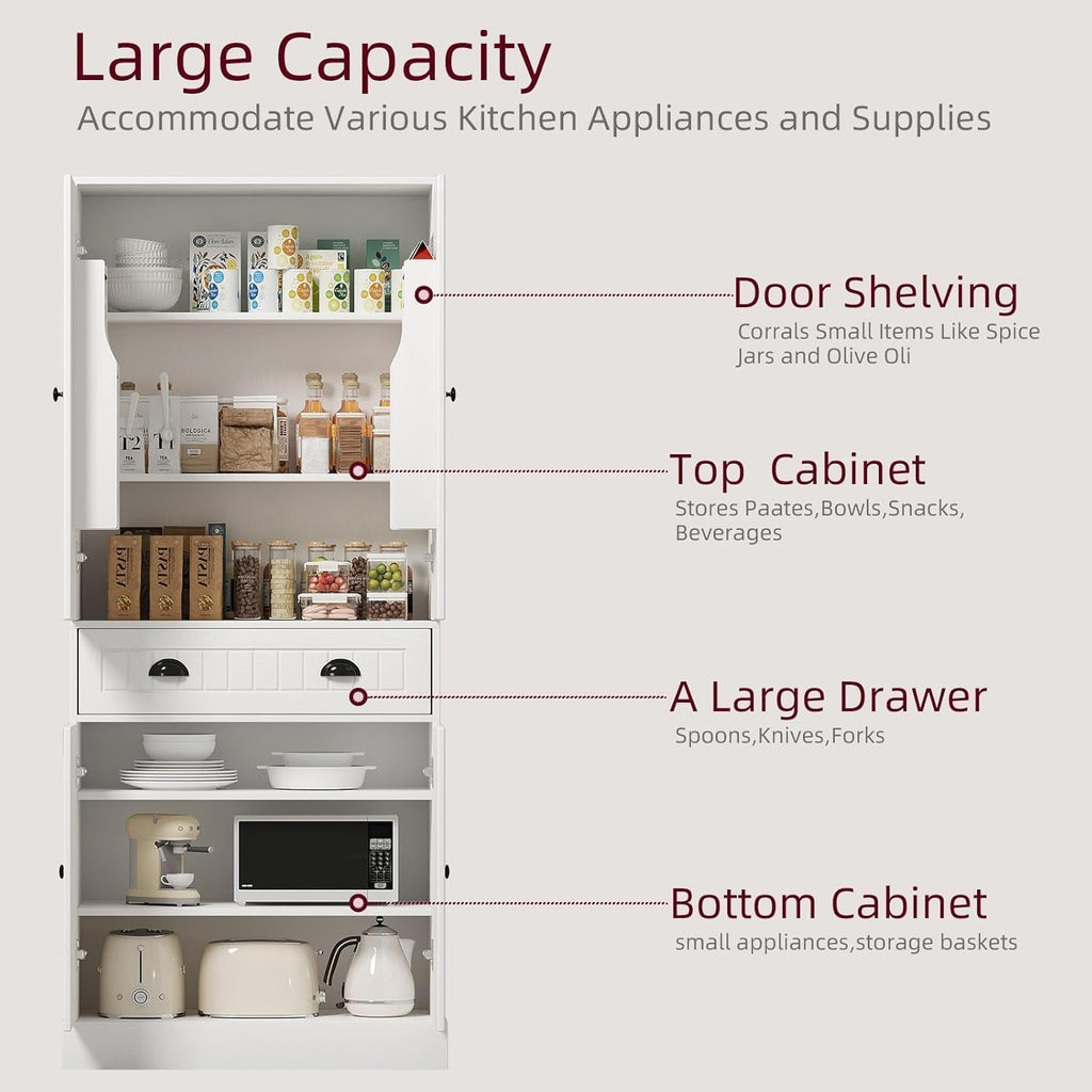 4 EVER WINNER 72" Tall Kitchen Pantry Storage Cabinet, Farmhouse Pantry Cabinet with Adjustable Shelves and Drawers, Rustic Wood Cupboard for Kitchen, Dining Room, Living Room, Bedroom, White