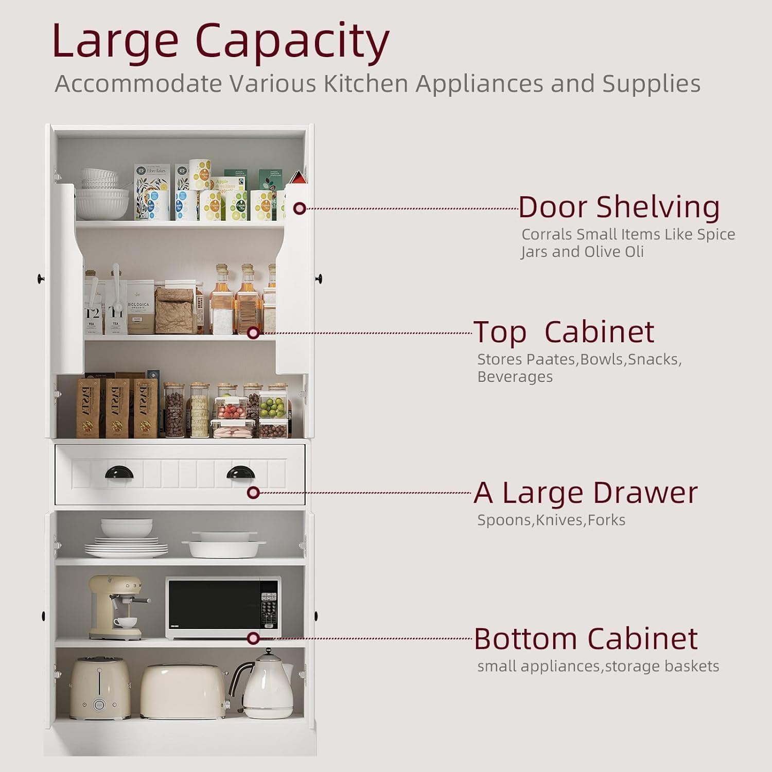 4 EVER WINNER 72" Tall Kitchen Pantry Storage Cabinet, Farmhouse Pantry Cabinet with Adjustable Shelves and Drawers, Rustic Wood Cupboard for Kitchen, Dining Room, Living Room, Bedroom, White