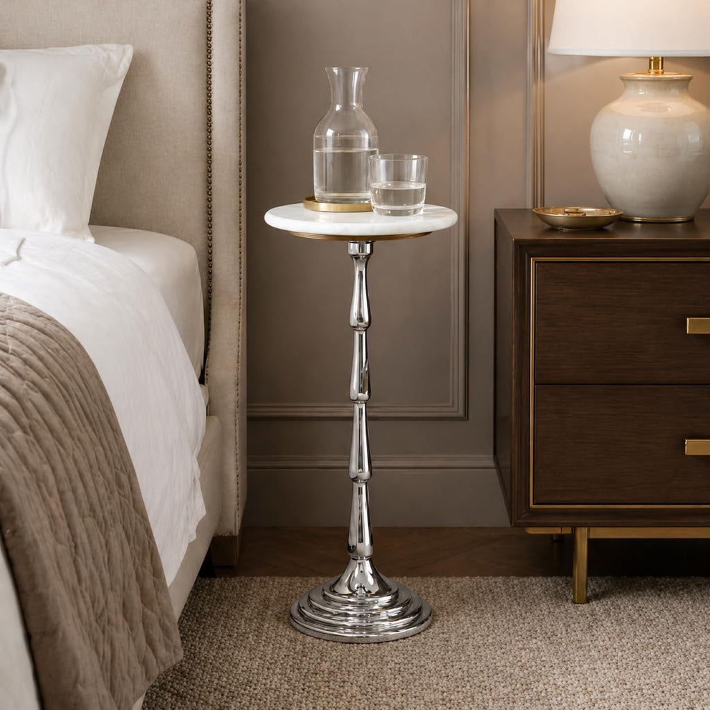 Silver Drink Table with White Marble Top | Decorative Modern End Table | Aluminum Base Side Table | Accent Table for Living Room | 10x10x26