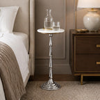 Silver Drink Table with White Marble Top | Decorative Modern End Table | Aluminum Base Side Table | Accent Table for Living Room | 10x10x26