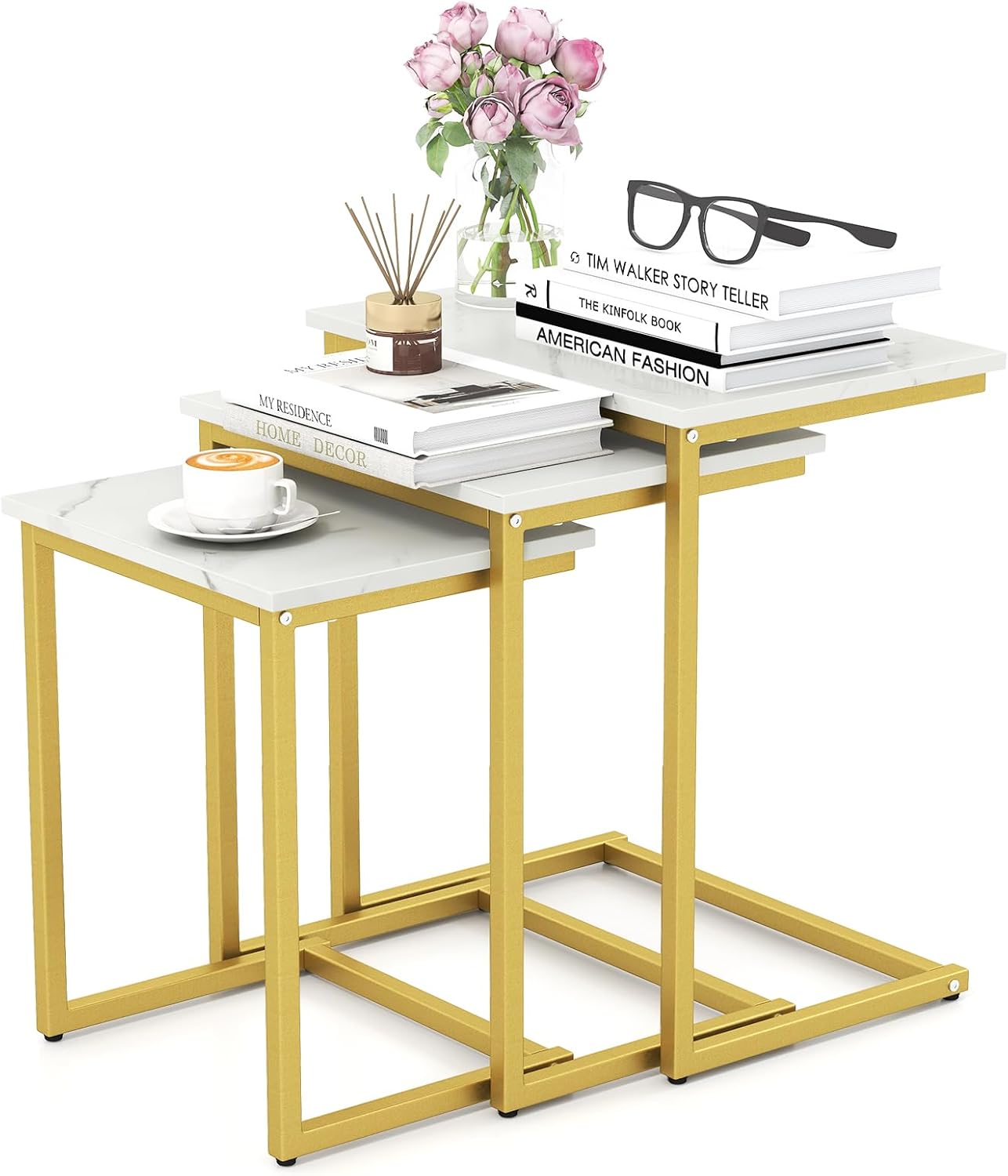 Giantex Nesting Coffee Table Set of 3, Stackable Square End Table w/Faux Marble Tabletop & Heavy-Duty Metal Frame, Farmhouse C-Shaped Accent Table for Small Space, Living Room, Bedroom (White Gold)