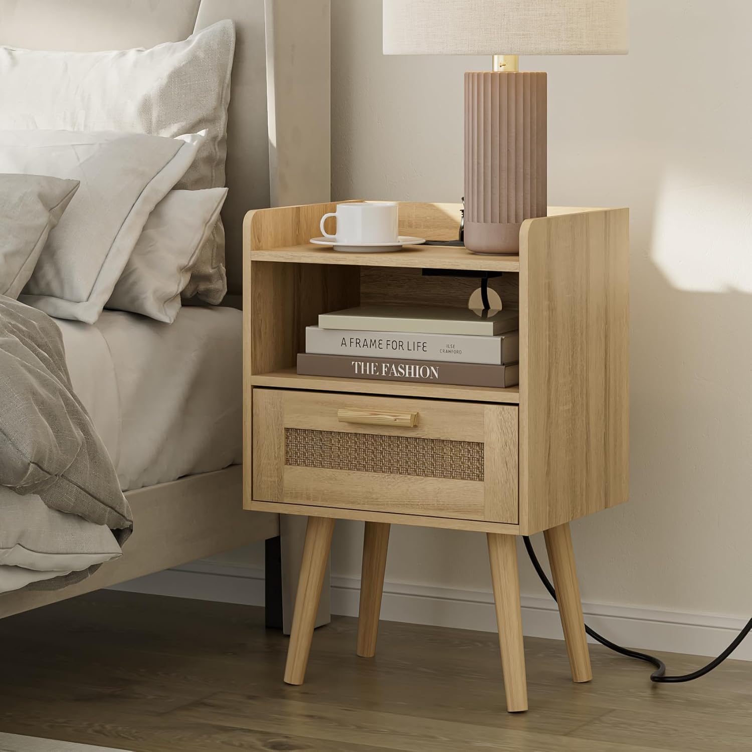 Masupu Nightstand,Small Bedside Table with Two Drawers,White Night Stand,Bedside Furniture,Mid-Century Modern End Table with for Bedroom,Living Room (Farmhouse, Yellow-Outlet)