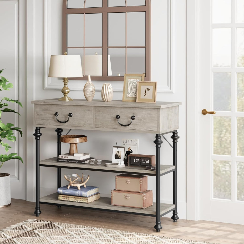 IDEALHOUSE 39'' Narrow Console Table with 2 Drawers, Farmhouse Sofa Table, Behind Couch Table with 2 Tier Storage Shelves, Entryway Table for Living Room, Hallway, Entrance, Foyer, Grey