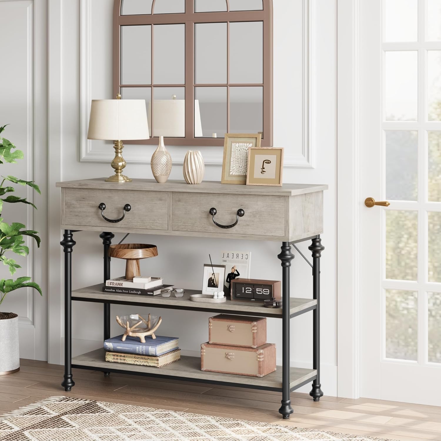 IDEALHOUSE 39'' Narrow Console Table with 2 Drawers, Farmhouse Sofa Table, Behind Couch Table with 2 Tier Storage Shelves, Entryway Table for Living Room, Hallway, Entrance, Foyer, Grey