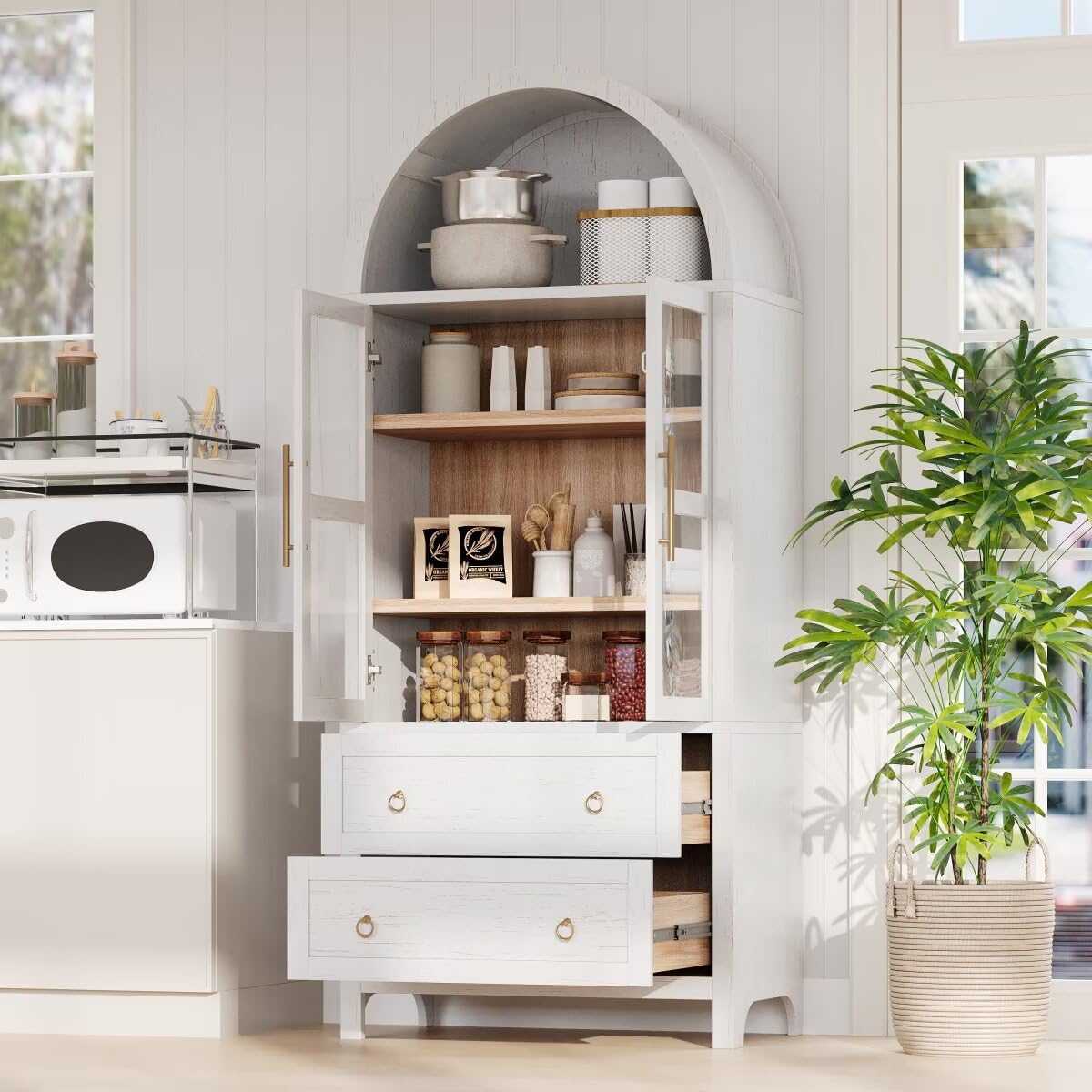 71" Tall Arched Kitchen Pantry Cabinet with 2 Large Drawers, Modern Farmhouse Kitchen Storage Cabinets with Adjustable Shelves, Glass Door, Wood Versatile Cupboard for Kitchens, Dining Room, White