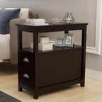 Espresso Narrow Side Table with 2 Drawers & Open Storage Shelf, Wooden Slim End Table with Metal Pull Handles, Sofa Side Cabinet for Living Room, Bedroom & Small Spaces