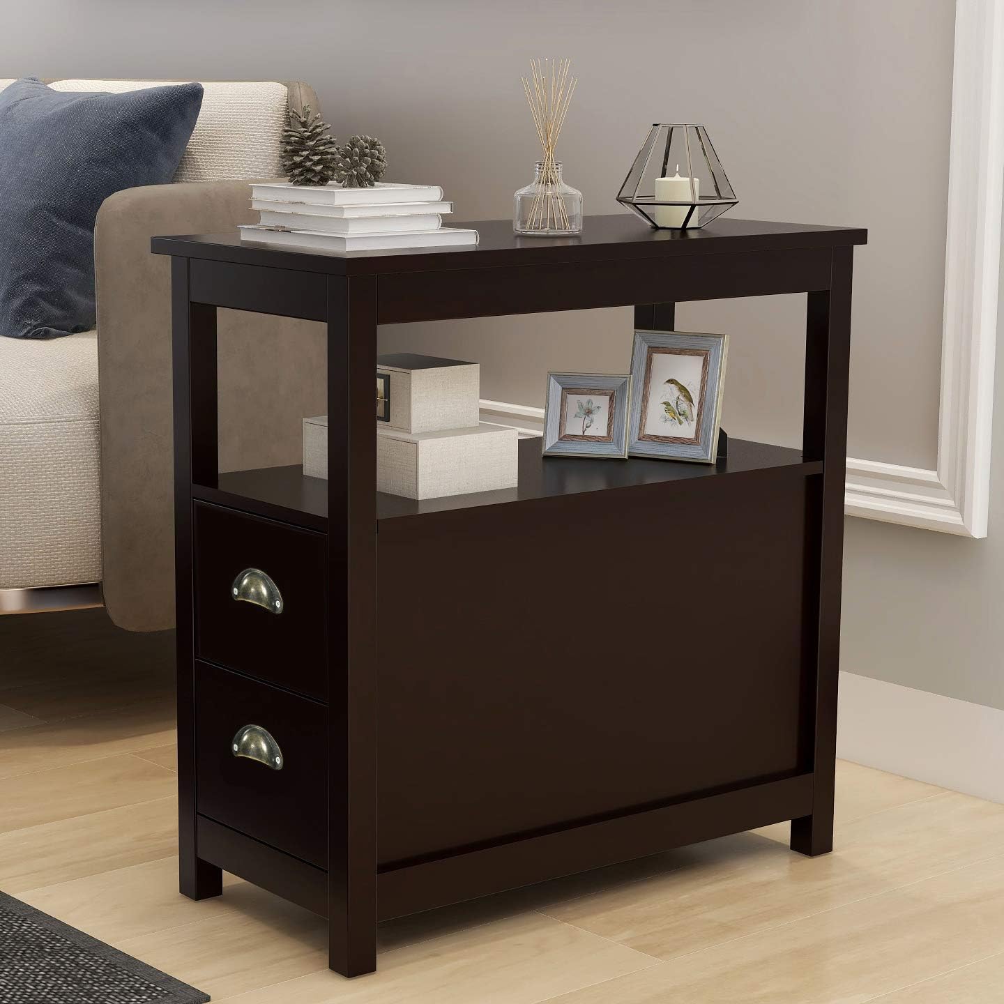 Espresso Narrow Side Table with 2 Drawers & Open Storage Shelf, Wooden Slim End Table with Metal Pull Handles, Sofa Side Cabinet for Living Room, Bedroom & Small Spaces