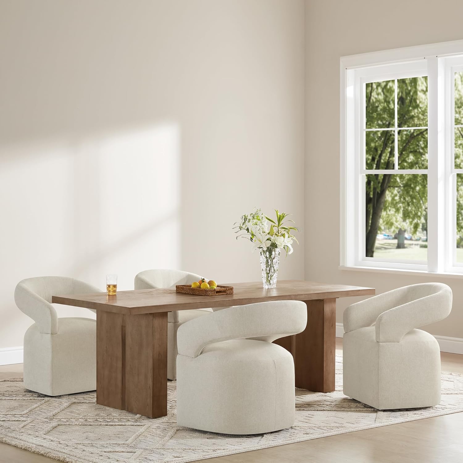 KISLOT Upholstered Dining Chairs Set of 4, Modern Rolling Dining Chairs with Hidden Casters, Arm Kitchen Chairs with Linen Look Fabric, Padded Barrel Chairs for Dining Room, Kitchen, Cream Beige