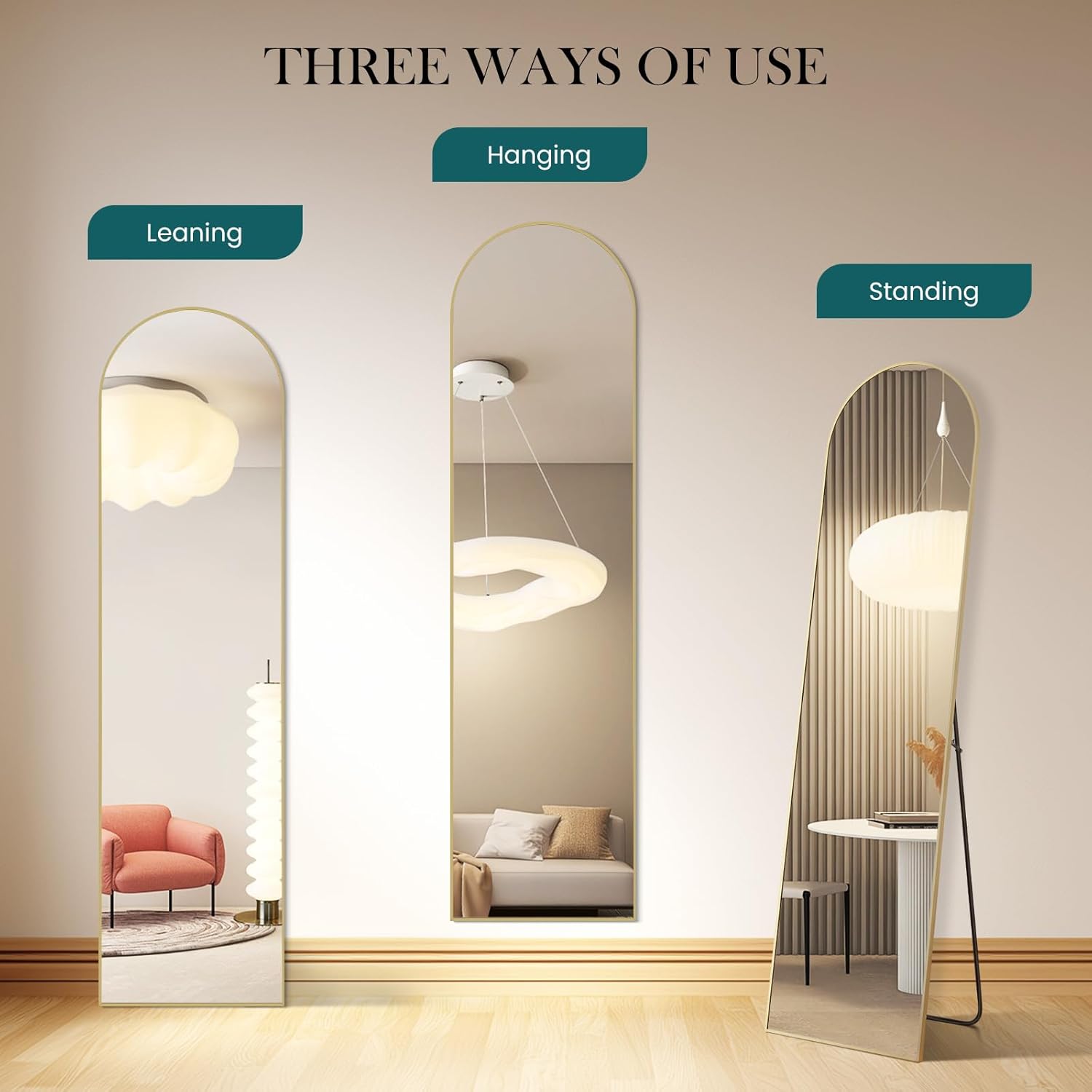 NEWBULIG Arched Mirror Full Length, 16"x59" Body Wall Mirrors with Shatter-Proof Glass, Upgraded Floor Standing Mirror, Hanging or Leaning, with Stand Aluminum Alloy Frame for Home Decor, Gold