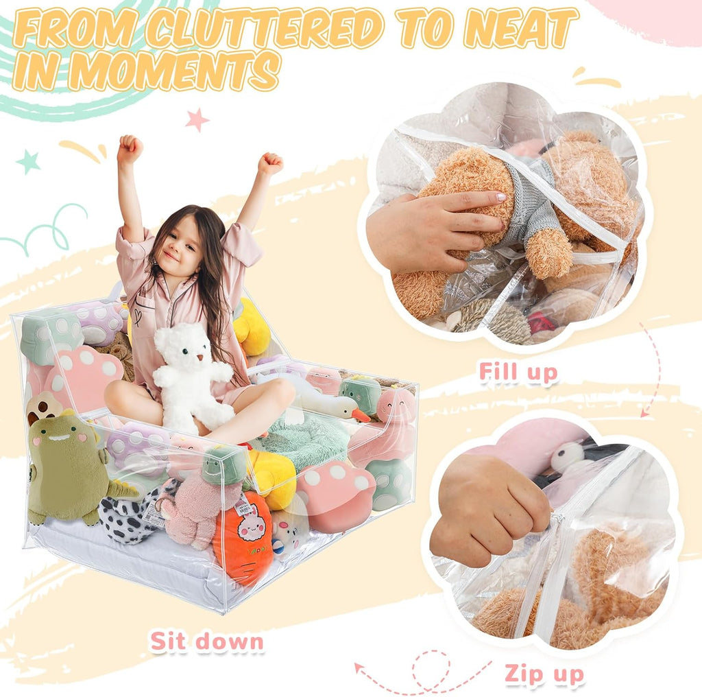 Teenyyou Stuffed Animal Storage Bean Bag Chair Sofa Cover Zipper Large Transparent PVC Stuffed Animal Organizer Bean Bag Seat Only for Organizing Rooms Plush Toys When Filled(38 Inch,Sofa Style)