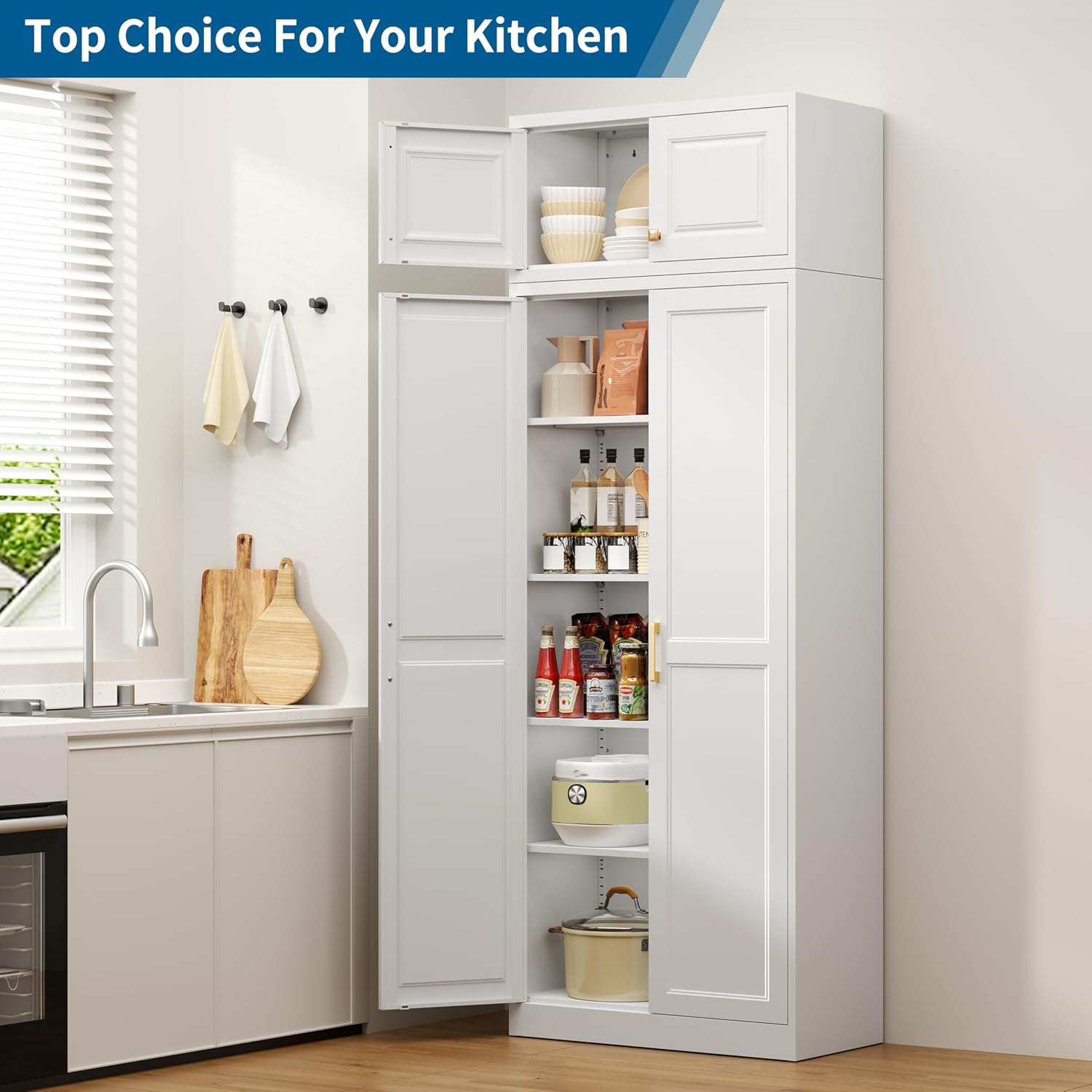 86" Tall Metal Kitchen Pantry Storage Cabinet with Doors and 4 Adjustable Shelves, Extra Large Heavy Duty Steel Storage Cabinet for Kitchen, Garage, Living Room, Pantry Cupboard, White (2 Packages)