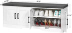 HOMSHO Farmhouse Shoe Storage Bench with 4 Barn Doors & Padded Seat Cushion | 47.2" Wide Entryway Bench with Adjustable Shelves & Hidden Storage, White