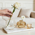 DN DECONATION Amber Bud Vases Set of 2, Small Round Brown Glass Flower Vases with Gold Non-Slip Base for Centerpieces Dining Table Decor Bookshelf Bedside Table Housewarming Gift Tulip Fall