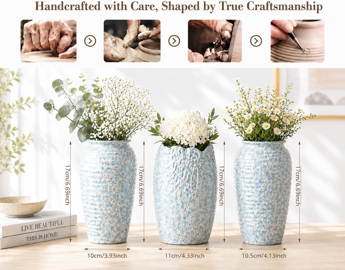 BEAHOT Ceramic Vases Set of 3 – 6.7-inch Handmade Blue & White Pottery Trio with Speckled Glaze – Decorative Flower Vases Home Decor for Table Mantel Entryway Shelf Living Room Kitchen Bathroom