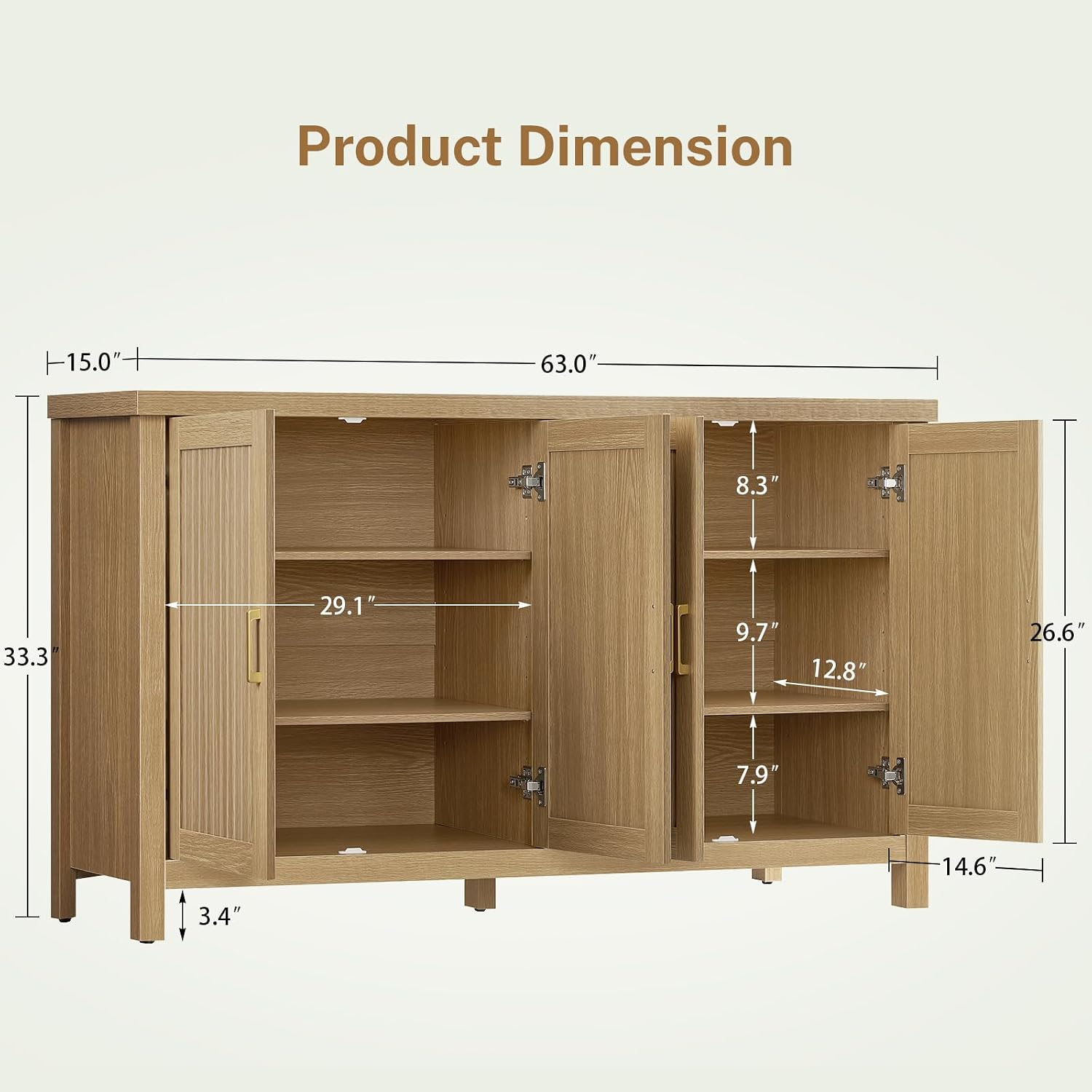 Buffet Cabinet with Storage, 63" Fluted Sideboard Cabinet with 4 Adjustable Shelves, Modern Coffee Bar with 4 Doors, Coffee Bar Cabinet for Kitchen, Living Room, Natural