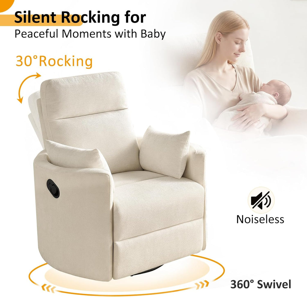 Nursery Rocking Chair, Oversized 360° Swivel Glider Recliner Chair, Chenille Silent Nursery Rocker with 2 Pillows and Footrest, Cozy Reclining Sofa for Living Room, Bedroom, Nursing, Beige