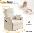 Nursery Rocking Chair, Oversized 360° Swivel Glider Recliner Chair, Chenille Silent Nursery Rocker with 2 Pillows and Footrest, Cozy Reclining Sofa for Living Room, Bedroom, Nursing, Beige