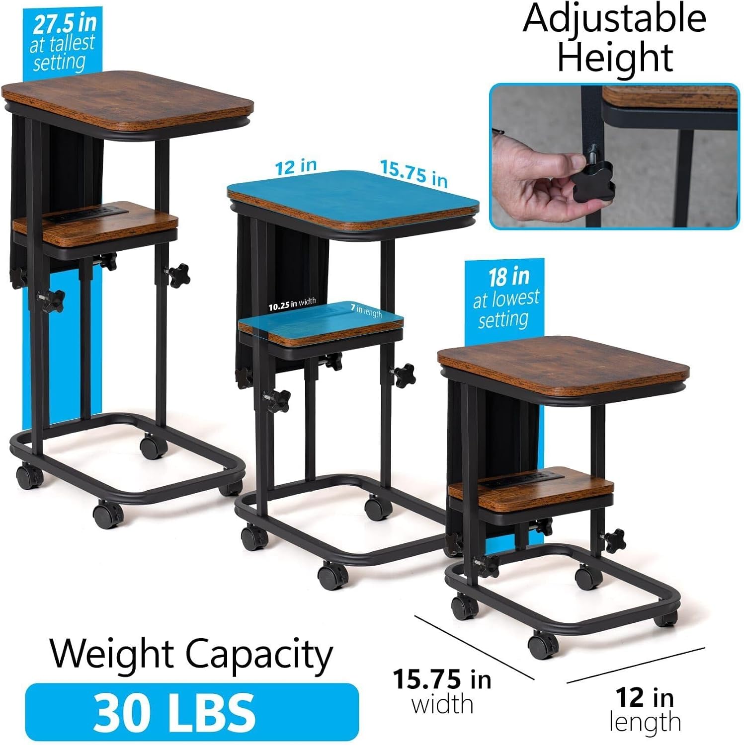 C Shaped End Table with Charging Station, Adjustable Height with Lockable Wheels & Storage Pouch, Rolling Side Table Slide Under Couch Laptop Desk, Small Sofa Table for Living Room (Small)