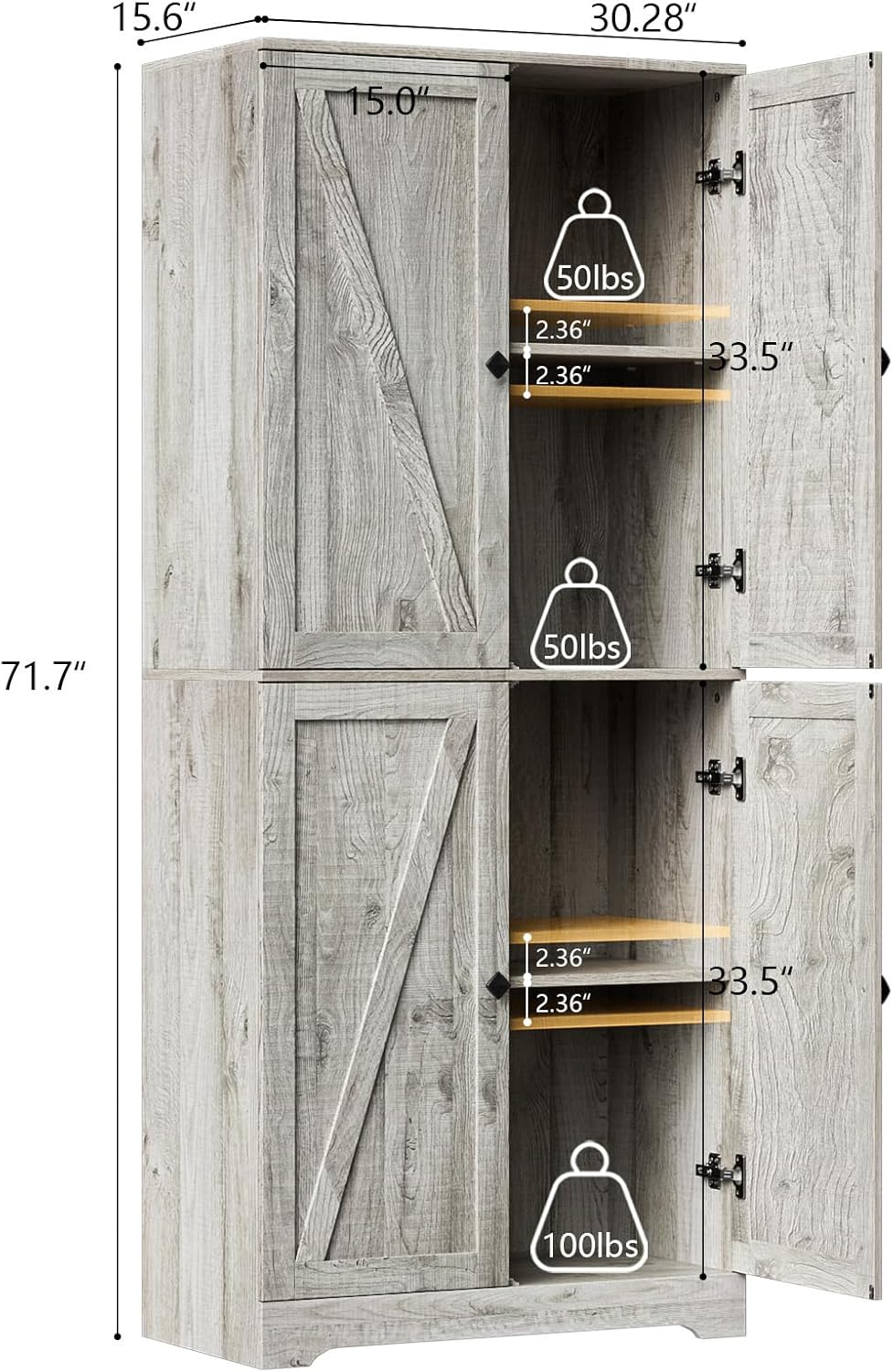 LYNSOM Farmhouse Storage Cabinet 72" Tall, Kitchen Pantry Cabinet with 4 Barn Doors and Adjustable Shelves, Freestanding Storage Cabinets for Kitchen, Grey