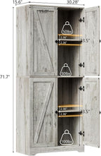 LYNSOM Farmhouse Storage Cabinet 72" Tall, Kitchen Pantry Cabinet with 4 Barn Doors and Adjustable Shelves, Freestanding Storage Cabinets for Kitchen, Grey