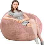 Bean Bag Chairs with Faux Rabbit Fur Cover, 4 ft Giant Memory Foam Bean Bag Chairs for Adults/Teens with Filling,Ultra Soft Faux Fur Fabric, Round Fluffy Sofa for Living Room Bedroom College Dorm