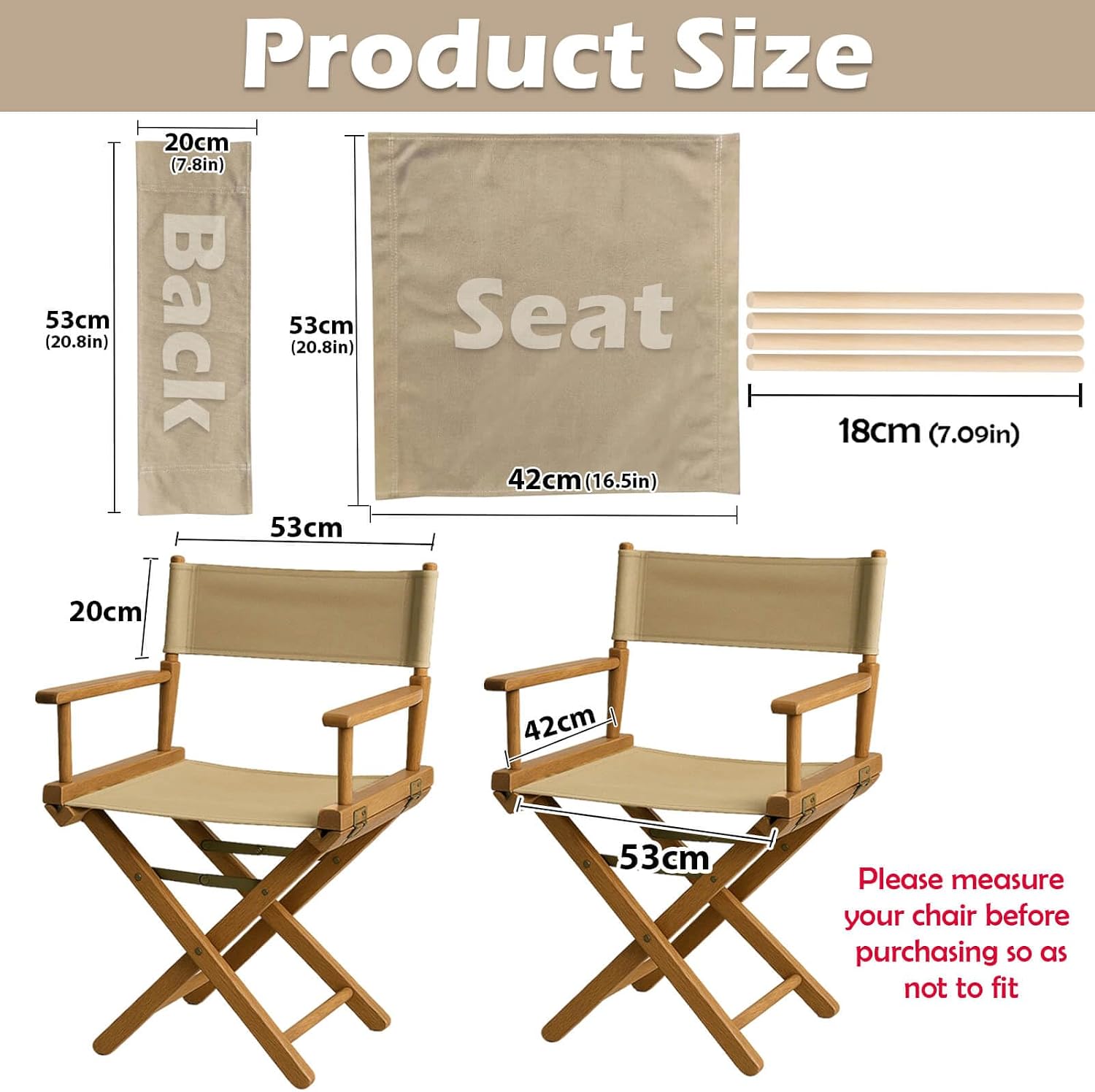 STAY GENT Director's Chair Canvas Replacement Kit 21"L x 8"W - 21"L x 16.5"W Replacement Canvas Durable Cotton Canvas Seat & Back Covers for Home,Model Artist,Makeup,Show Dressing Room, 1 Set Khaki
