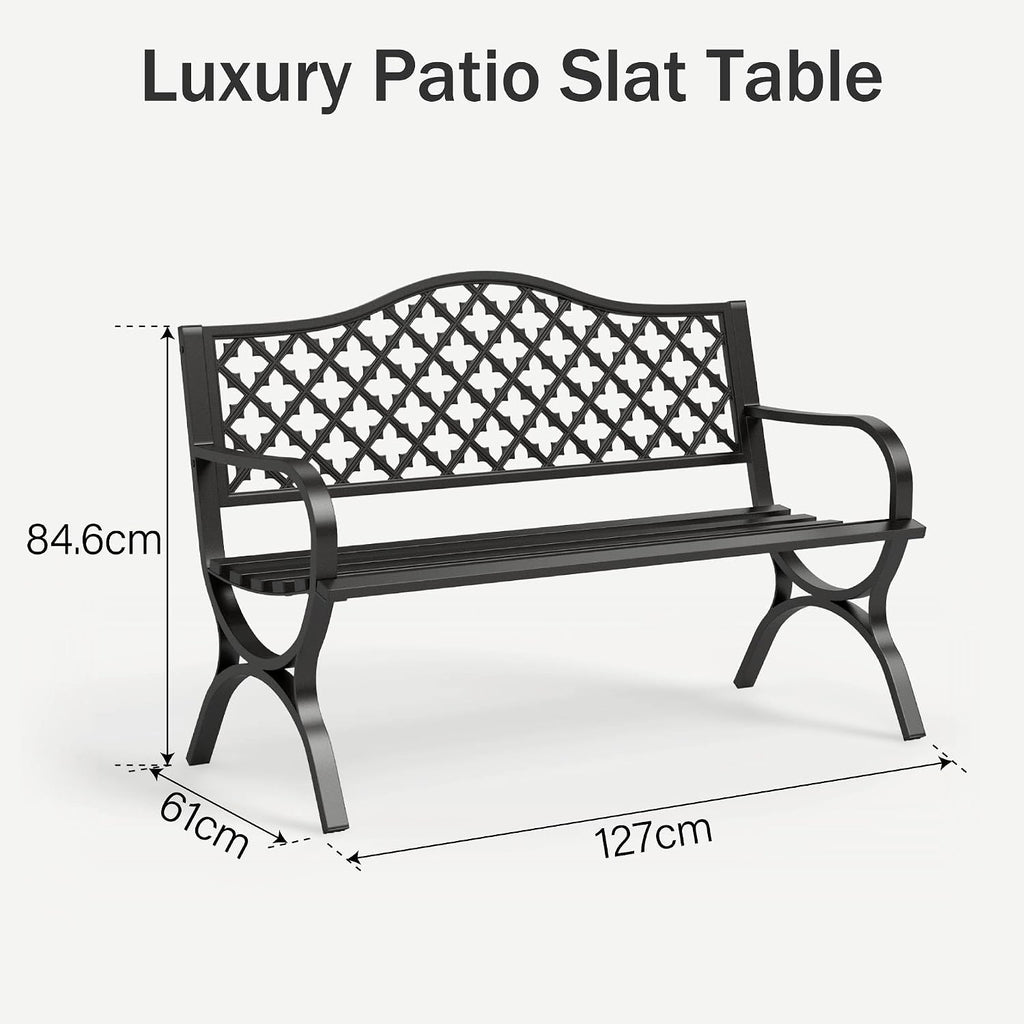 PHI VILLA Black Outdoor Garden Bench for Outdoors with Cast Iron Backrest and Sturdy Steel Frame 2-3 Seater Patio Bench for Porch Park and Yard