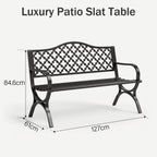 PHI VILLA Black Outdoor Garden Bench for Outdoors with Cast Iron Backrest and Sturdy Steel Frame 2-3 Seater Patio Bench for Porch Park and Yard