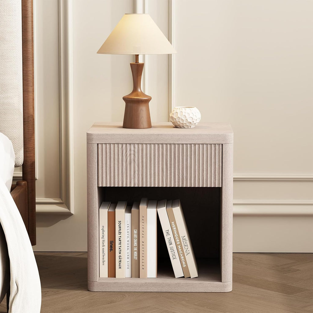 OLIXIS Set of 2 Modern Nightstand, 22.7" Fluted Drawer Wood Bedside Table | Compact white oak nightstand with drawer & open shelf, sturdy multi-use end table for bedroom, sofa side table, entryway