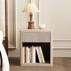 OLIXIS Set of 2 Modern Nightstand, 22.7" Fluted Drawer Wood Bedside Table | Compact white oak nightstand with drawer & open shelf, sturdy multi-use end table for bedroom, sofa side table, entryway